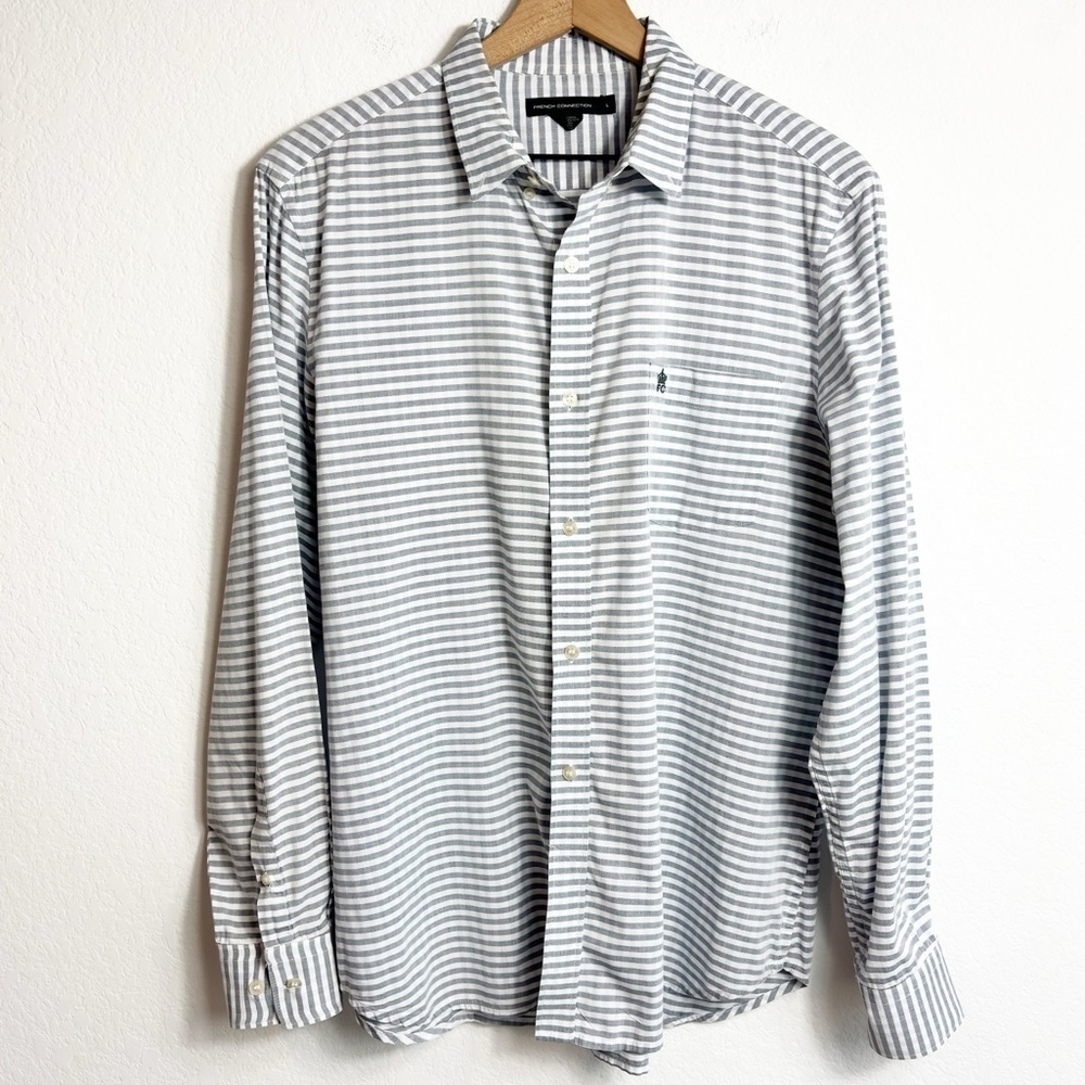 French Connection Men Button Down Large Grey Whit… - image 1